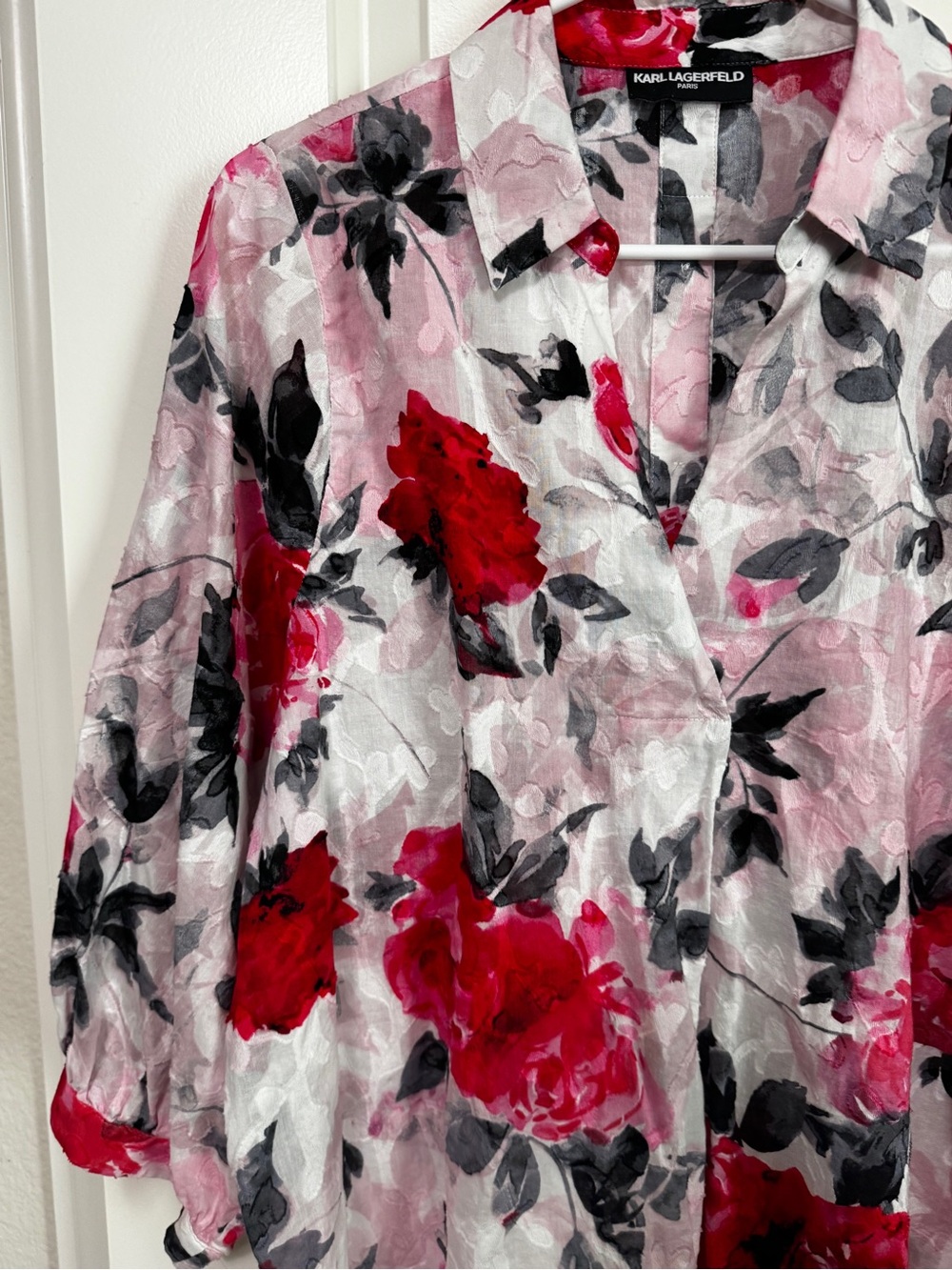 Karl Lagerfeld Paris Floral Jacquard Popover Blouse - Picture 6 of 14
